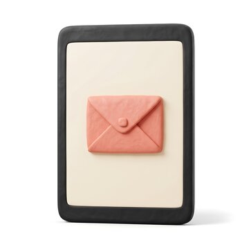 Plasticine clay 3D model of a tablet with pink mail envelope isolated on white background
