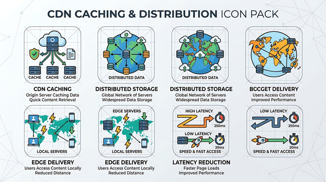 A graphic illustration depicts various network and technology concepts related to caching and distribution.