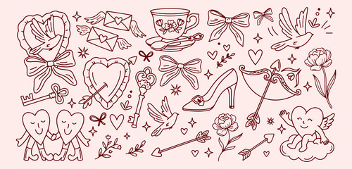 Fototapeta premium Romantic feminine fashion accessories, chic vintage beauty items, elegant jewelry heart symbols, love letter stationery decor, stylish girl lifestyle pattern, dainty romantic fashion icons, decorative