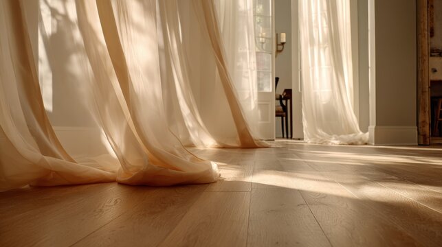 Sunlight streams through sheer curtains onto a polished wooden floor. Gentle sunlight illuminates a room, casting soft shadows through flowing sheer curtains onto a warm, polished wooden floor