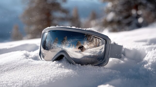 Ski goggles resting in fresh snow with a reflection of winter trees and sky. Ski goggles partially buried in soft snow, reflecting a scenic winter landscape with snow-covered trees and a bright sky