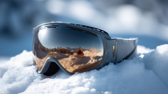 Ski goggles resting in fresh snow with mountain reflection on lens. Close-up of ski goggles covered in snow, reflecting a scenic mountain landscape and a skier preparing for a run