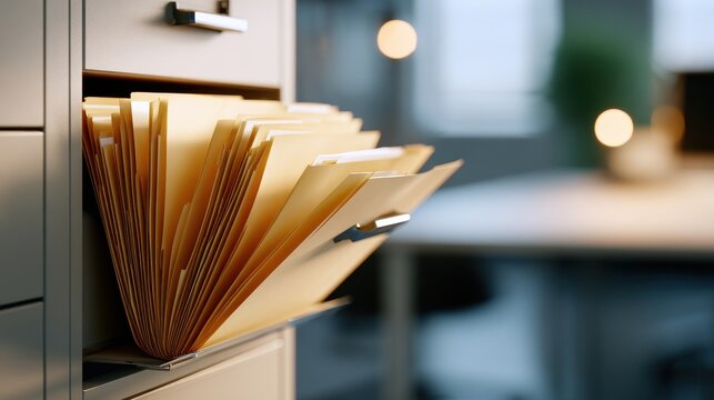 Searching for important documents within a well organized filing cabinet drawer in a modern office