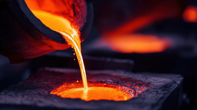 Blazing hot liquid metal cascades into a mold, capturing the essence of foundry work