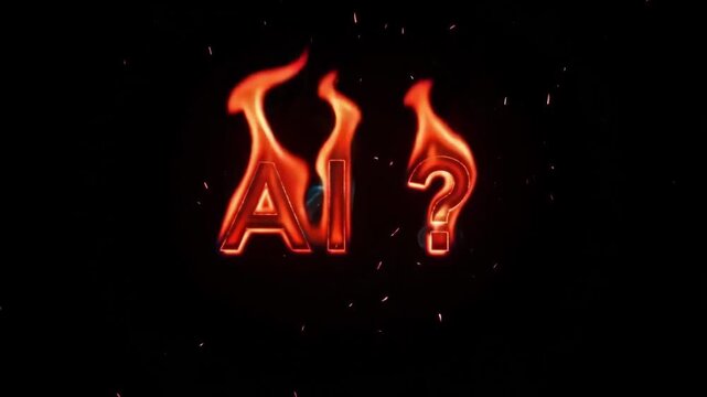 Artificial intelligence question mark text engulfed in intense roaring flames with a vibrant digital glitch effect and floating embers creating a dark cinematic atmosphere in this high definition moti