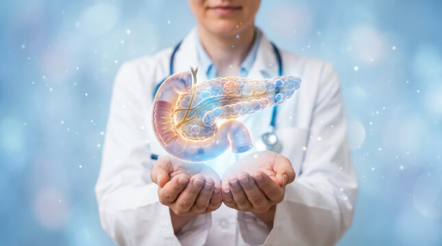 Doctor holding a 3d hologram of a human pancreas with signs of disease