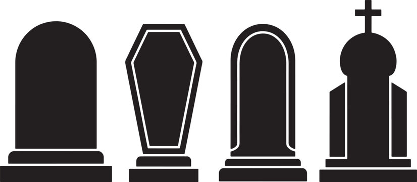Graveyard headstone icons featuring funeral grave markers and tombstone memorial designs for cemetery burial remembrance and death rituals.