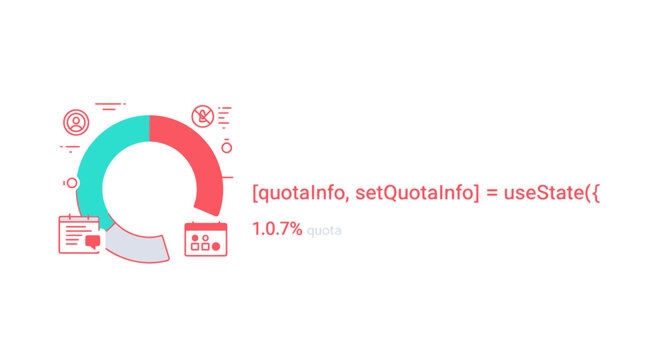 React useState hook with a circular progress bar and icons representing data and communication.