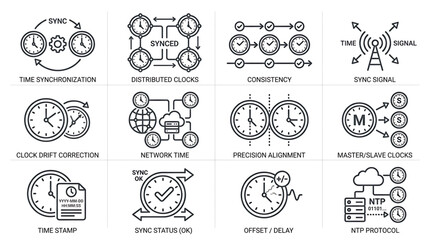 Obraz premium Clocks and watch illustrations display various times and synchronization methods.
