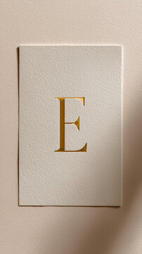 A white card with a golden letter E embossed on it, elegant design