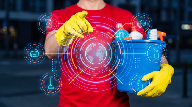 Professional cleaner holding a bucket with cleaning supplies and interacting with a digital interface