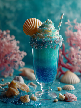 Ocean blue cocktail with whipped cream and shell garnish, beach themed party drink