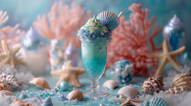 A refreshing blue cocktail garnished with whipped cream, sprinkles, and a seashell, set on a sandy beach with starfish and coral decorations, evoking a summer vibe