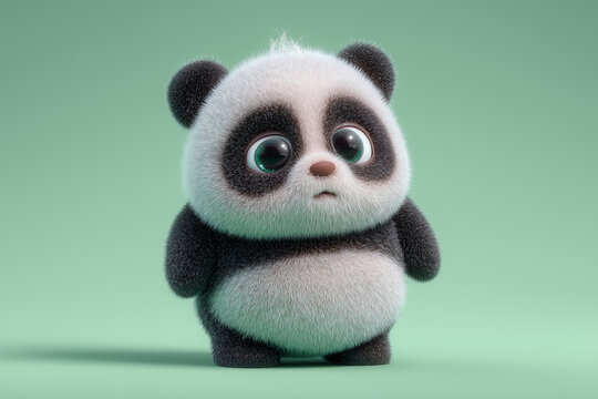 A cute cartoon baby panda with big, sad eyes looking forward, with a soft green background