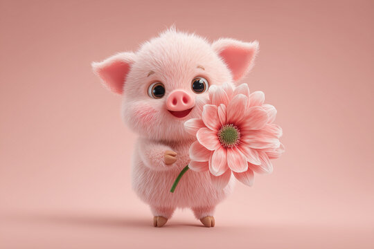 A cute, fluffy piglet holding a pink flower, with a soft pink background