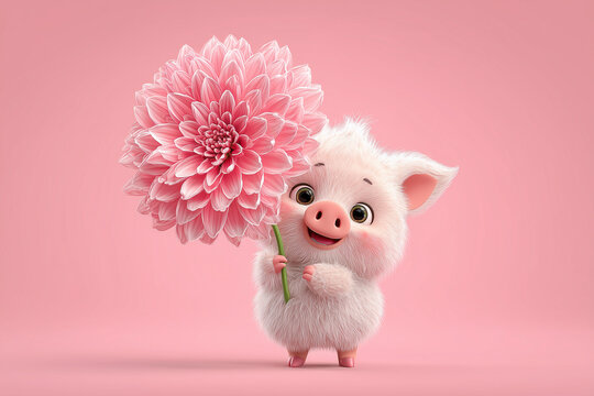 A cute cartoon pig holding a pink flower, illustration