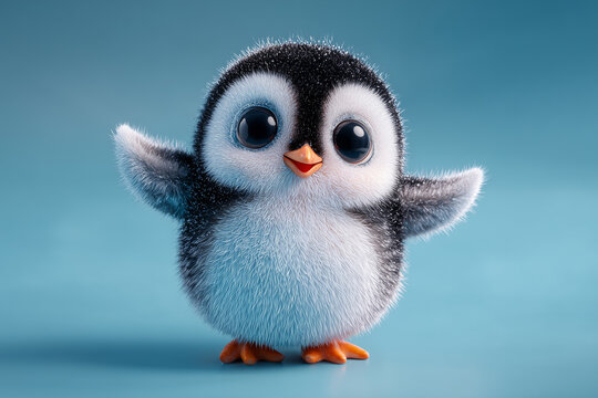 A cute fluffy cartoon penguin with big eyes and open wings, facing forward on a blue background, illustration