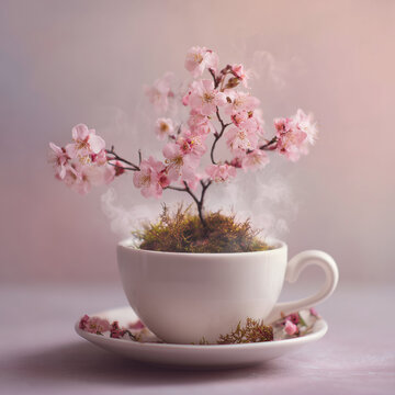 A blooming cherry blossom tree sprout growing inside a white teacup with steam rising, delicate petals scattered on the saucer, representing growth and renewal