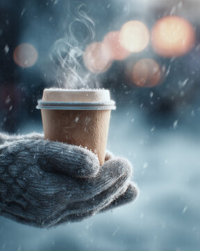 A hand wearing a knitted glove holds a steaming paper cup of coffee outdoors in a snowy winter setting, creating a cozy feeling