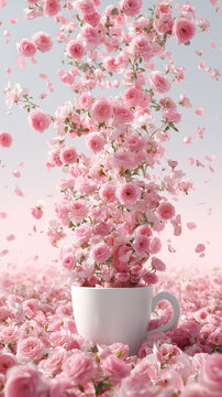 A white teacup overflowing with pink rose petals and blossoms, surrounded by a field of pink roses