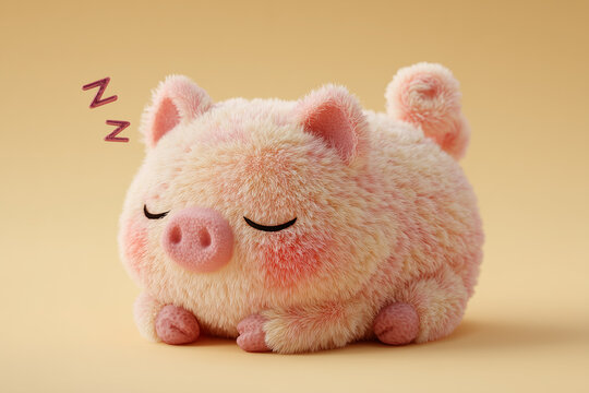 A fluffy pig figurine sleeping peacefully, looking cute and soft