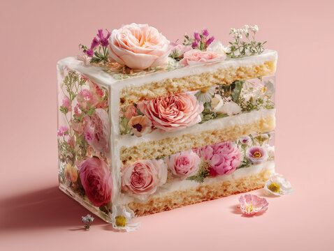 A slice of cake decorated with fresh roses and flowers, a sweet dessert