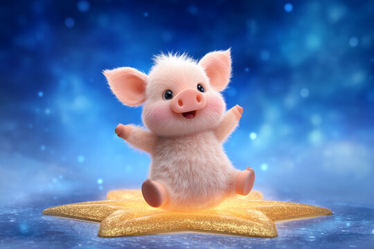 A cute, fluffy piglet sits on a glowing golden star against a starry blue background, with a smile and open arms.