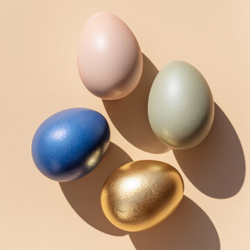 Four decorative easter eggs, a blue egg, a green egg, a pink egg and a gold egg, arranged on a light beige background
