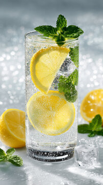 A refreshing glass of lemonade with ice, lemon slices, and mint leaves, summer refreshment