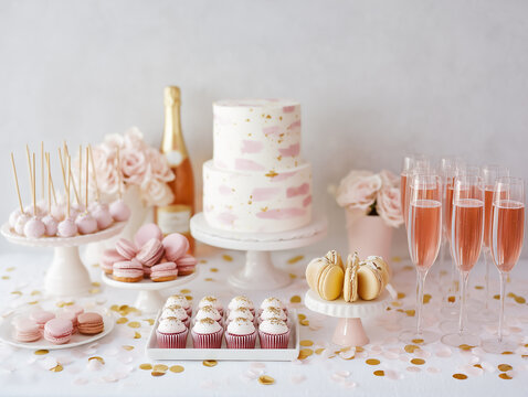A sweet celebration with pink and white desserts and champagne for an elegant event