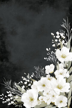A beautiful white flower arrangement against a dark, textured background, elegant floral design