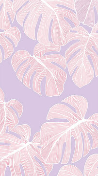 A pattern of monstera leaves in pale pink and white on a light purple background