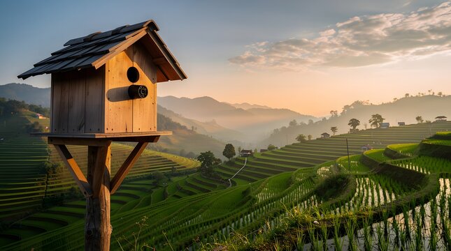 Hidden security camera built into a wooden birdhouse overlooking rural agricultural fields, concept of secret surveillance, privacy tracking, and boundary protection
