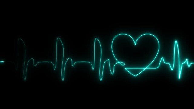 A vibrant cyan neon heartbeat line with a heart shape symbol isolated on a black background representing medical pulse and technology concept