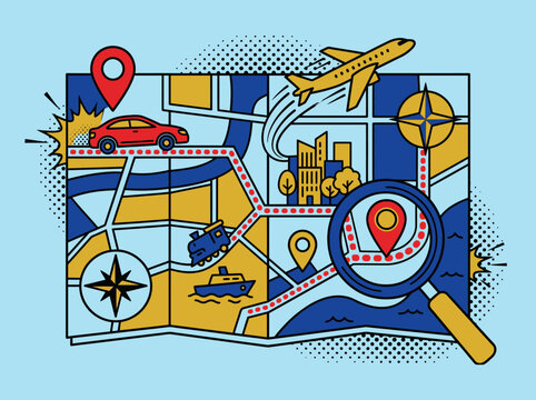 Colorful travel map with various transportation icons