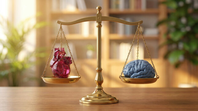 Golden balance scale with heart and brain in office interior symbolizing emotion and reason