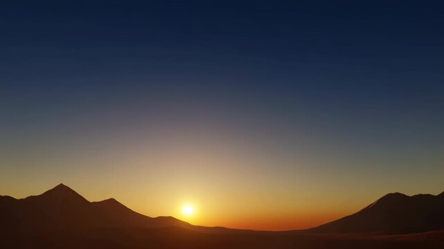 Mountain sunrise transition showing silhouetted ridge left and sunlit peak right in lower third