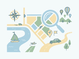 Obraz premium A colorful flat illustration of a travel map with icons
