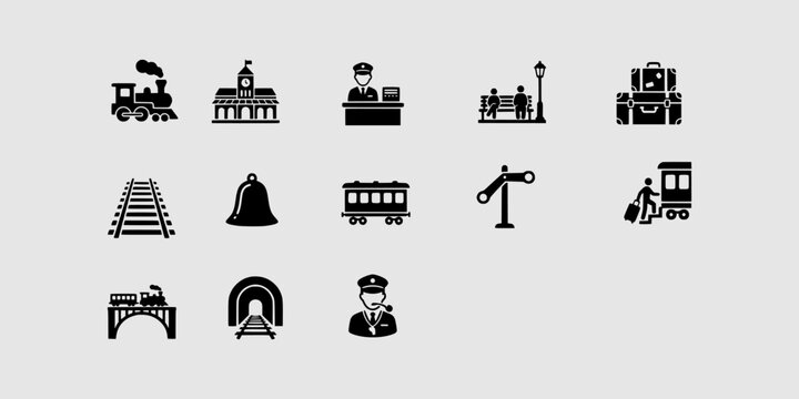 Icon set collection of railway transportation elements including steam trains, stations, tracks, signals, luggage, and commuting passengers travel icons.