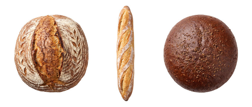 Artisan bread PNG cutout set with sourdough boule baguette and seeded rye loaf