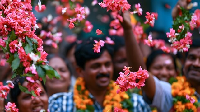Colorful flower garlands are being tossed in a joyful festive atmosphere during an outdoor celeb n