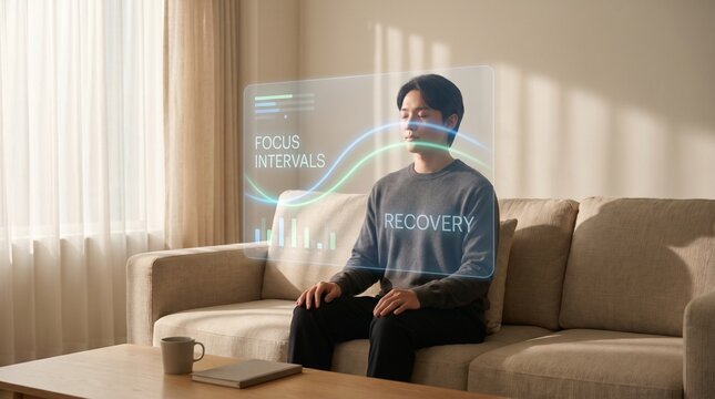 Living Room Focus Recovery AR Dashboard During Guided Breathing Pause