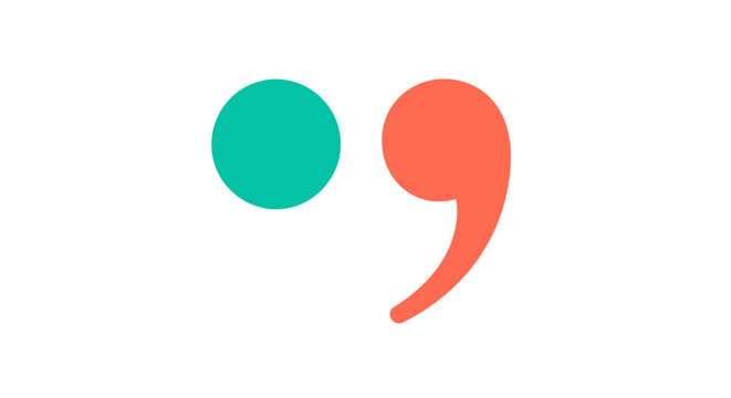 A minimalist graphic design featuring a teal circle and a coral comma symbol on a clean white background.