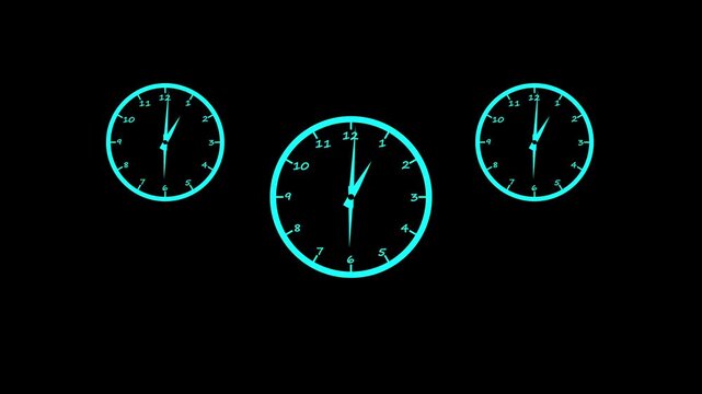 Three glowing cyan analog clocks arranged in a row on a solid black background for time zone or global business scheduling visual concepts