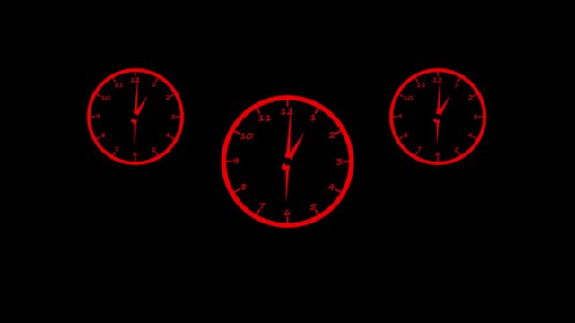 Three glowing red analog clock faces with black numbers and hands arranged horizontally against a solid black background for time concepts