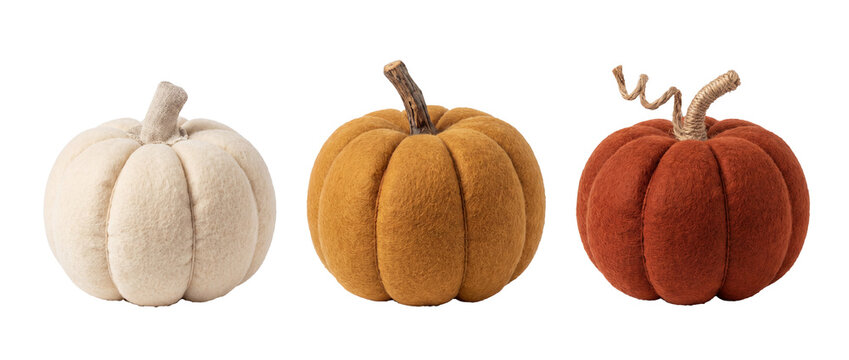 Fabric pumpkin transparent PNG set with cream mustard and rust plush fall decor