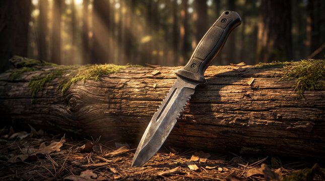 Tactical survival knife leaning against a mossy log in a sunlit forest at golden hour