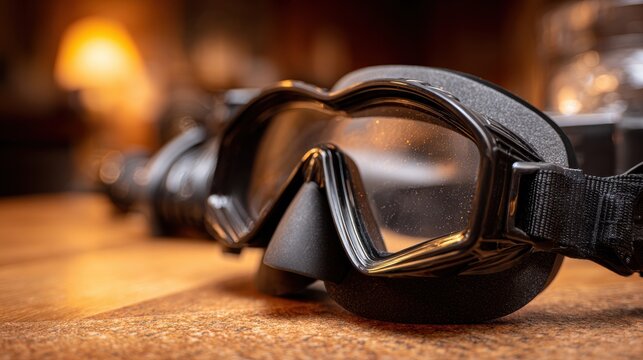 Close-up of black scuba diving mask on a wooden surface with warm lighting. A detailed view of a black diving mask, ready for underwater exploration, set against a warm, blurred background