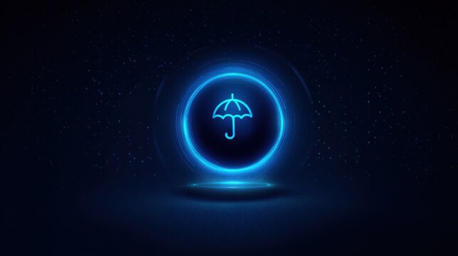 Digital umbrella icon glowing with blue neon light on a dark futuristic background. Abstract digital representation of an umbrella symbol, illuminated with vibrant blue neon light against dark, starry