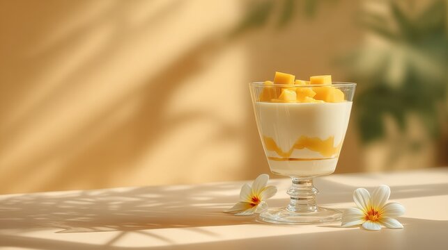 Creamy mango dessert layered in a glass with tropical flowers and soft light. Refreshing and elegant mango parfait served in stemmed glass, garnished with fresh mango cubes and delicate white flowers